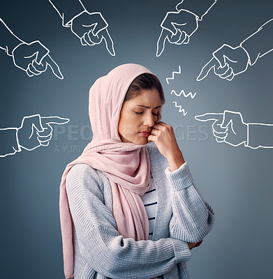 Buy stock photo Bullying, pointing and muslim woman in studio hands, icon or emoji for discrimination in religion. Self esteem, peer pressure or ridicule for sad Islamic girl thinking on grey background with anxiety