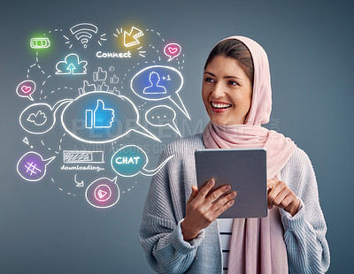 Buy stock photo Muslim, woman and overlay online with tablet, social media or streaming video on web. Contact, communication and girl relax with mobile app to chat on internet in studio background or mockup space