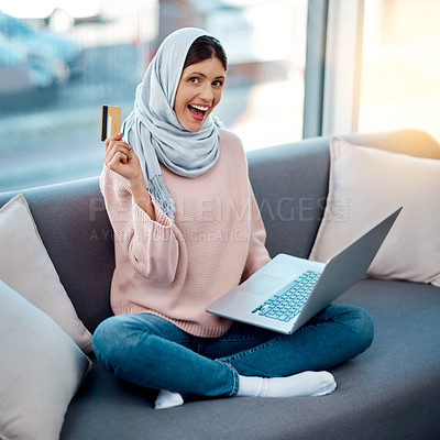 Buy stock photo Credit card, portrait or Islamic girl on laptop in home for ecommerce sale on digital fintech website. Excited, payment or Muslim woman typing financial info for online shopping or internet banking