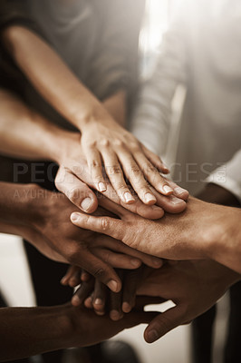 Buy stock photo Hands of group of corporate business people stacked for teamwork, collaboration and celebration. Team of workers, employees and coworkers showing unity together for support, trust and victory
