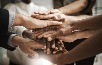 Buy stock photo United corporate team of people with hands together. Office, support and colleagues working in the company. Success, confident and diverse closeup of professional group in the business.
