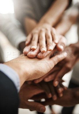 Buy stock photo Hands of group of corporate business people in unity for motivation, success and showing teamwork. Team of workers, employees and colleagues putting hands together for support, trust and victory.