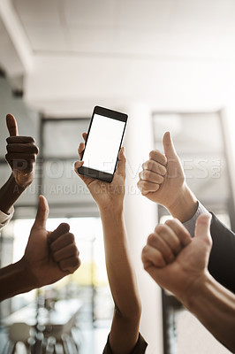 Buy stock photo Blank screen, copy space on phone and thumbs up hand sign, gesture and symbol for website, marketing or promotion. Closeup of business people hands supporting new office networking and schedule app