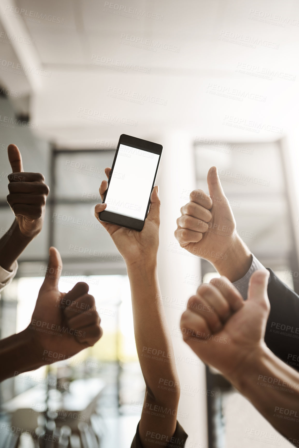 Buy stock photo Blank screen, copy space on phone and thumbs up hand sign, gesture and symbol for website, marketing or promotion. Closeup of business people hands supporting new office networking and schedule app