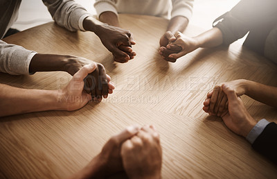 Buy stock photo Care, support and teamwork by group of people holding hands in a circle. Community, trust and strength in togetherness, team with a vision or idea. Partnership between ambitious colleagues huddling