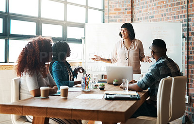 Buy stock photo Presentation, meeting and business people in office for brainstorming, planning and discussion. Diversity, creative agency and men and women with whiteboard for teamwork, feedback and collaboration