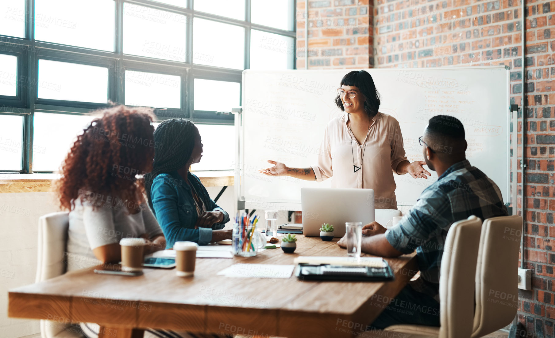 Buy stock photo Speaker, meeting and business people in office for brainstorming, planning and discussion. Diversity, creative agency and men and women with whiteboard for teamwork, presentation and collaboration