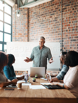 Buy stock photo Discussion, meeting and leader with business people in office for brainstorming, planning and ideas. Diversity, creative and men and women with whiteboard for teamwork, presentation and collaboration