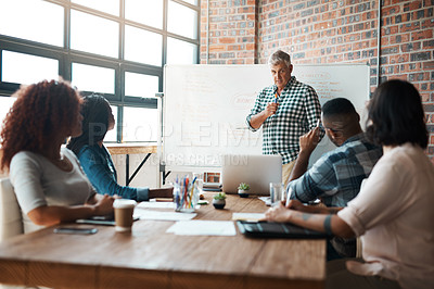 Buy stock photo Workshop, teamwork and man at creative presentation for project management, planning and leadership ideas. Whiteboard, meeting room and business people in office for growth, development or proposal