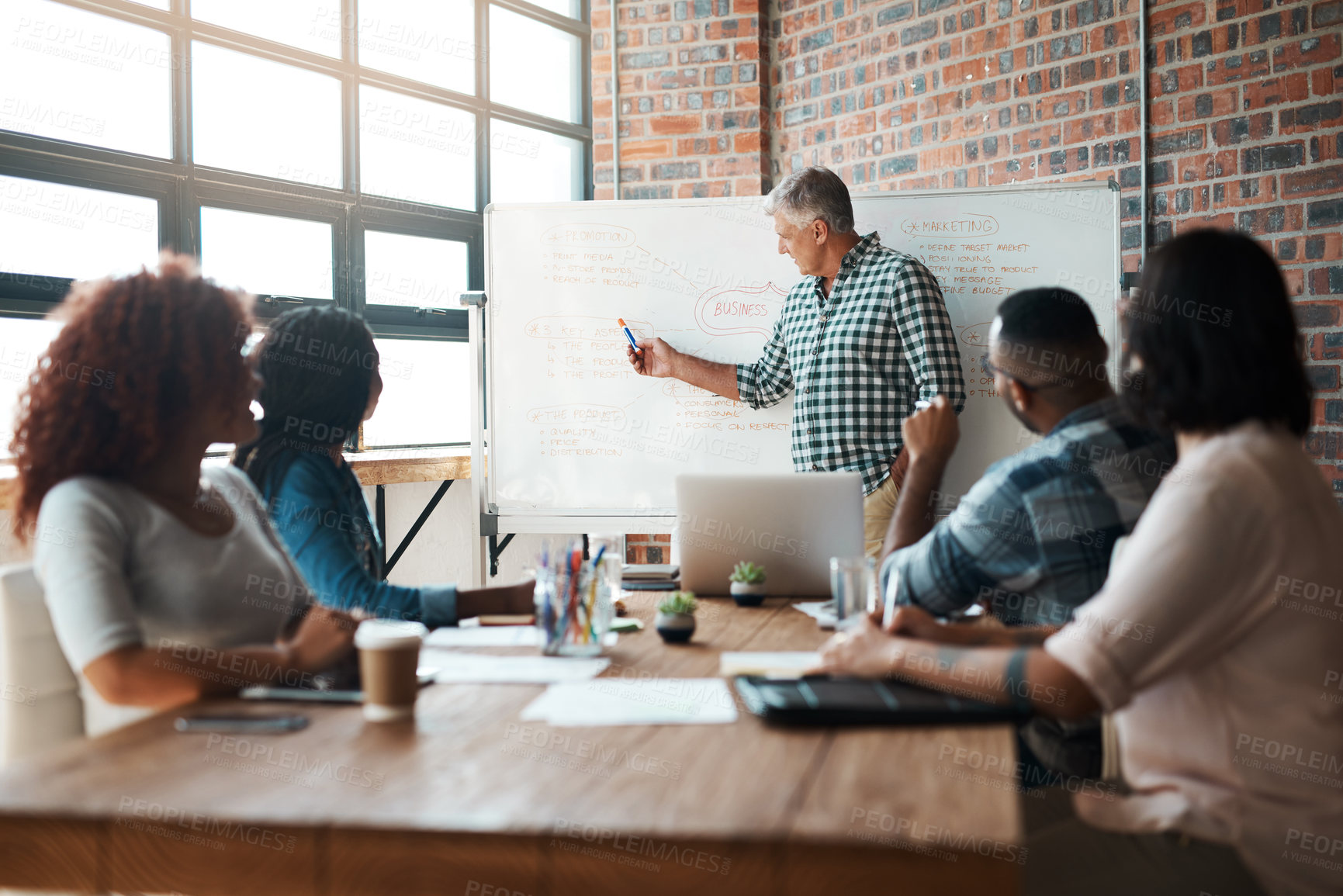 Buy stock photo Leadership, workshop and man at creative presentation for project management, planning and teamwork ideas. Whiteboard, meeting room and business people in office for growth, development or proposal