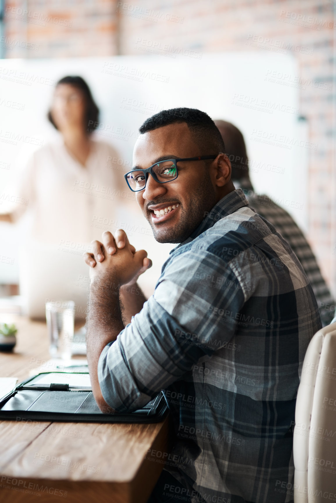 Buy stock photo Happy, portrait and man at creative presentation for project management, planning and workshop. Confidence, conference room and designer at startup for growth, development or opportunity in office.