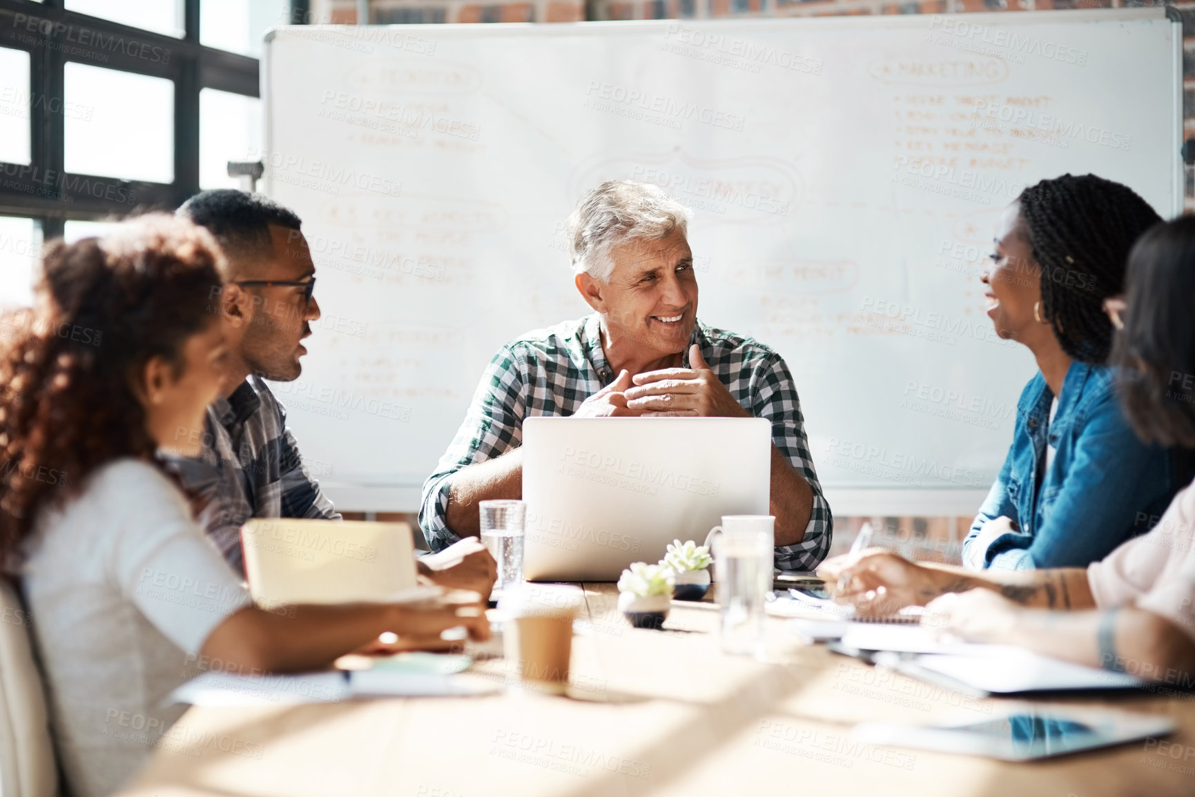 Buy stock photo Business, people and happy with team manager at office on training for career guidance and skill development. Employees, boardroom and smile for teamwork or collaboration for strategy and brainstorm