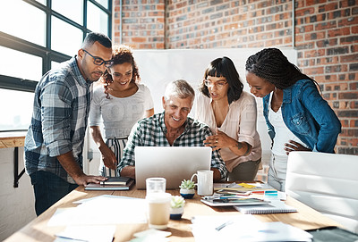 Buy stock photo  Diversity, group of colleagues and using a laptop together or collaborating on a new project and in a modern office. Teamwork, happy businesspeople or in a meeting or brainstorm and at the workplace