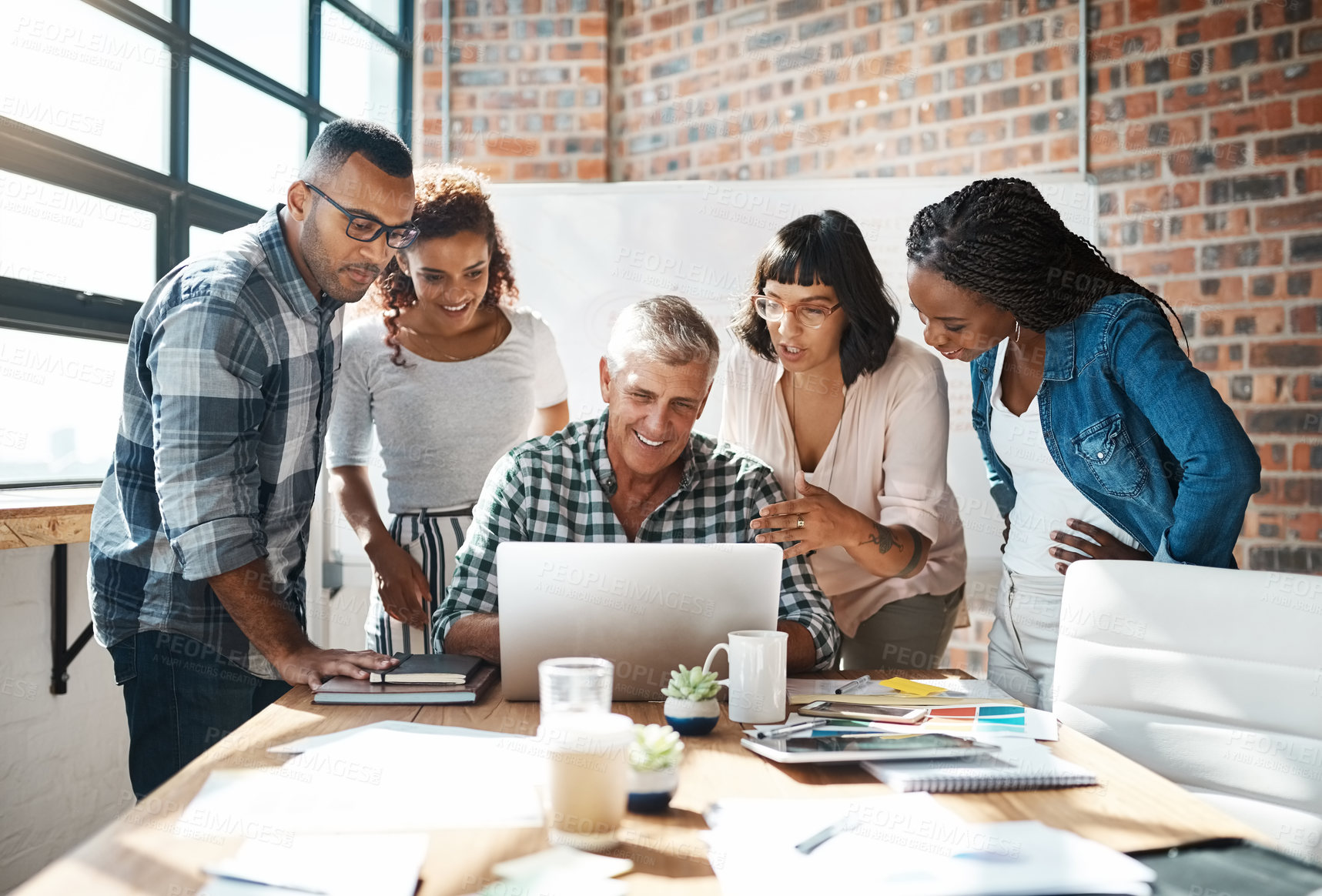 Buy stock photo  Diversity, group of colleagues and using a laptop together or collaborating on a new project and in a modern office. Teamwork, happy businesspeople or in a meeting or brainstorm and at the workplace