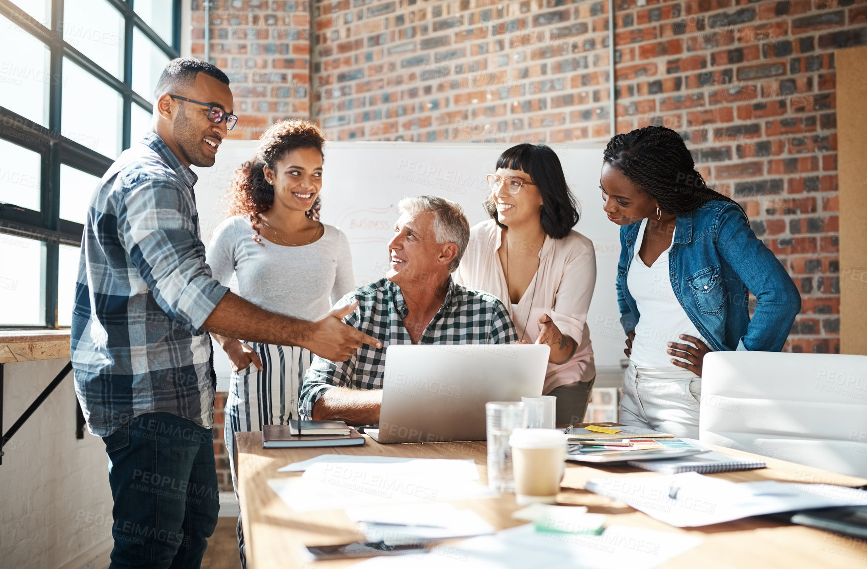 Buy stock photo Business, people and laptop with team manager at office on training, career guidance and skill development. Employees, boardroom and happy for teamwork or collaboration for strategy and brainstorm