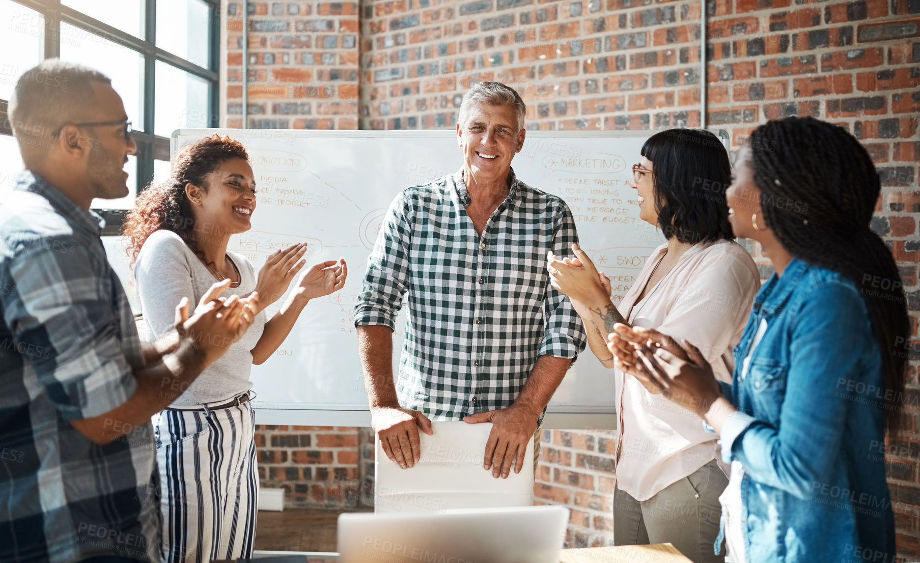 Buy stock photo Business people, manager and applause for success in presentation with company growth or target achievement. Group, professional employees or clapping hands for celebration or victory at team meeting