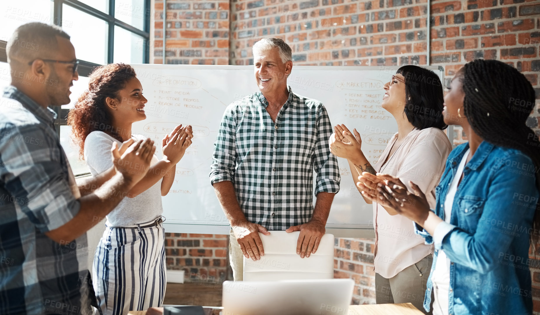 Buy stock photo Business people, manager and applause for celebration in presentation with company growth or target achievement. Group, professional employees or clapping hands for success or victory at team meeting