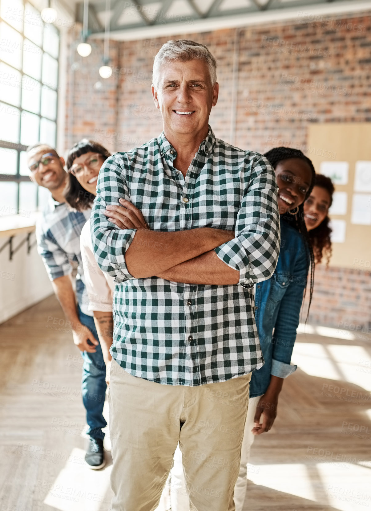 Buy stock photo Portrait, group and business people with creative agency, arms crossed and smile in modern office. Face, employees and coworkers with leadership, design team and cooperation for project and startup