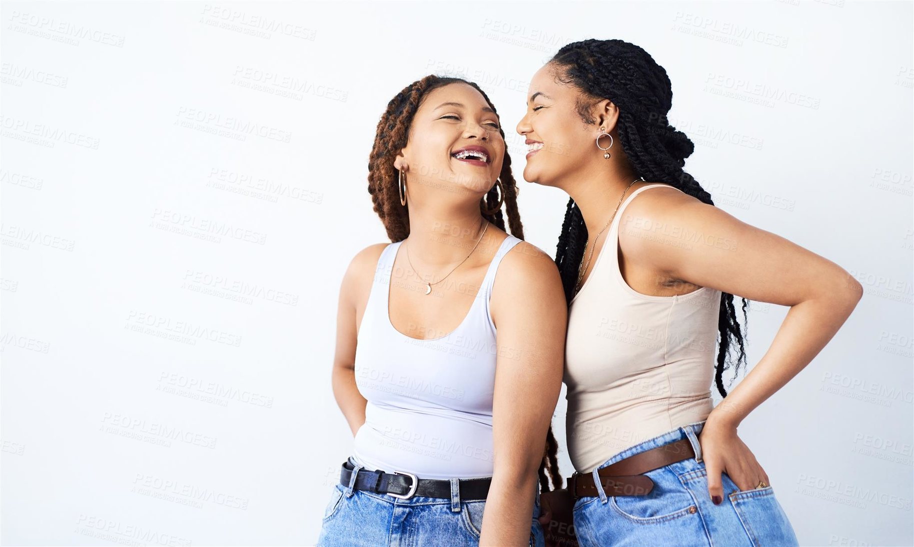 Buy stock photo Studio, smile and lgbtq with couple in fashion for style, support and happiness on white background. Lesbian, partner and women with care in love for gay pride, solidarity and romance together