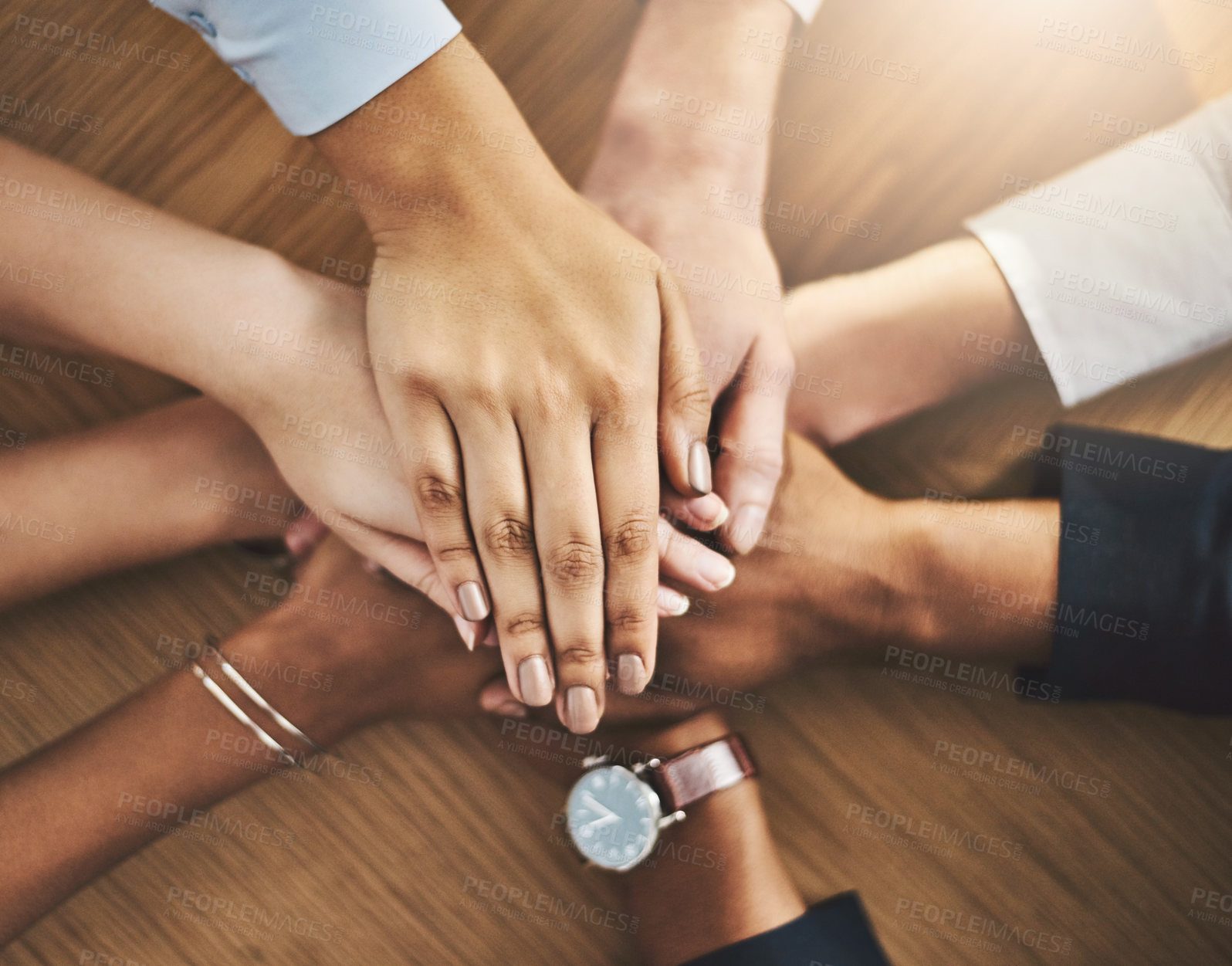 Buy stock photo Office, group and holding hands in meeting, business and agreement of merger of company and unity. Thank you, support, deal and coalition for politics in Germany, government and partnership of people