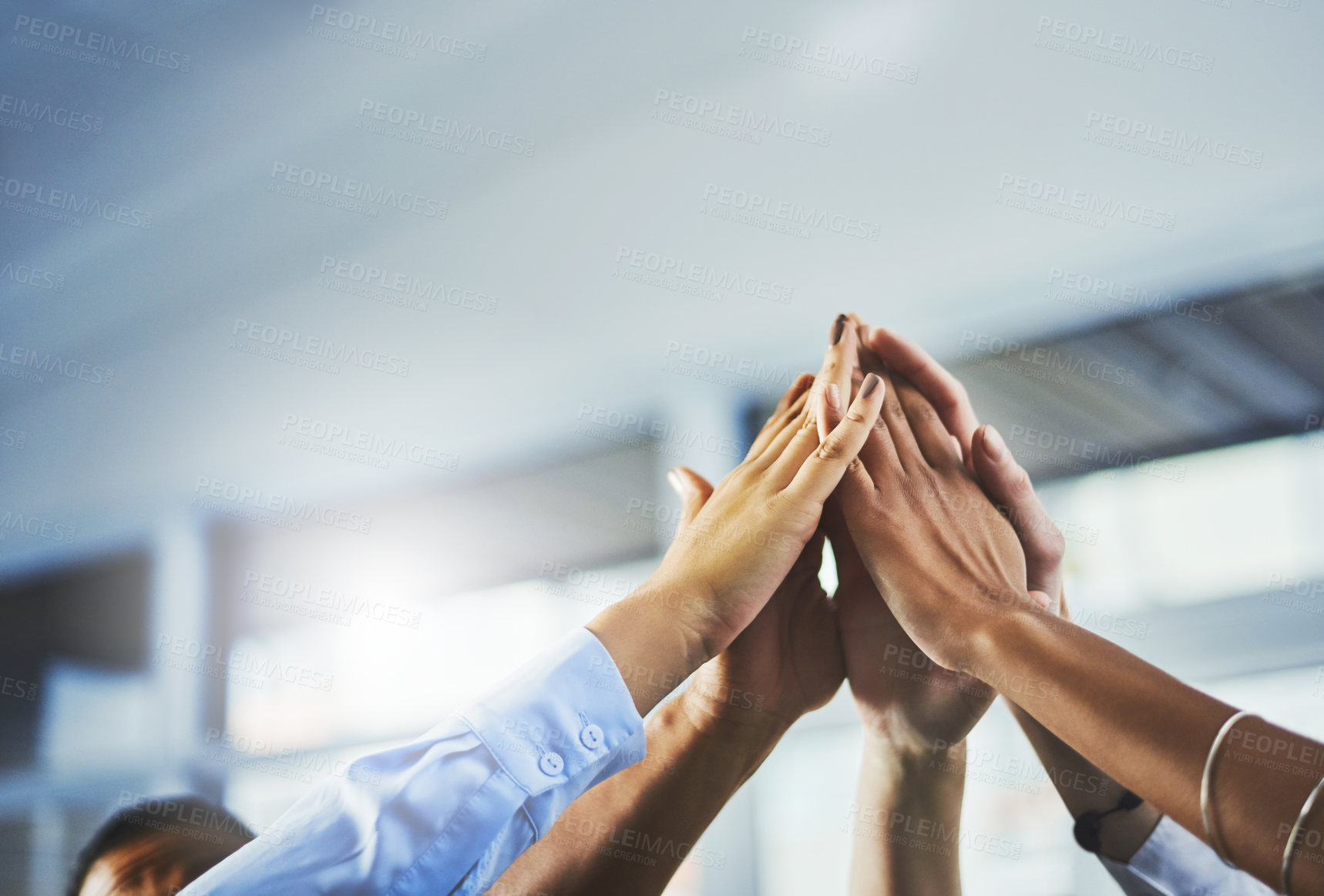 Buy stock photo Cooperation, people and high five of hands, office and agreement of merger of company and unity. Meeting,  celebration, deal and coalition for politics in Germany, government or yes in business