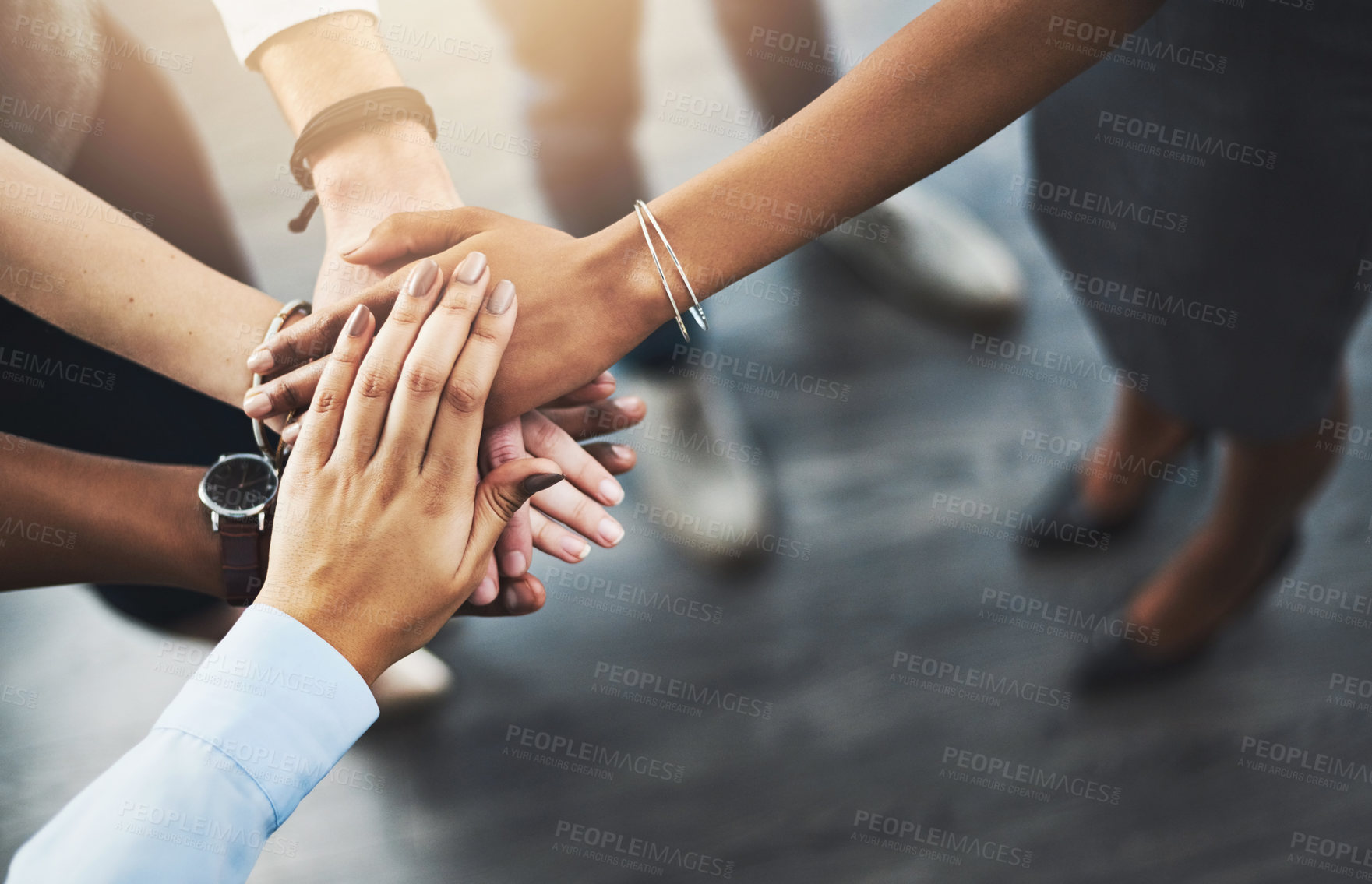 Buy stock photo Business, people and hand stack in workplace together, meeting and motivation with corporate employees. Teamwork, partnership and goals agreement or support, synergy and company mission with trust