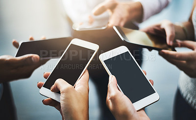 Buy stock photo Hands, group and screen of cellphone, online and research for trending news of competition and typing. Mockup, people and closeup of collaboration, internet and mobile for content creation in app