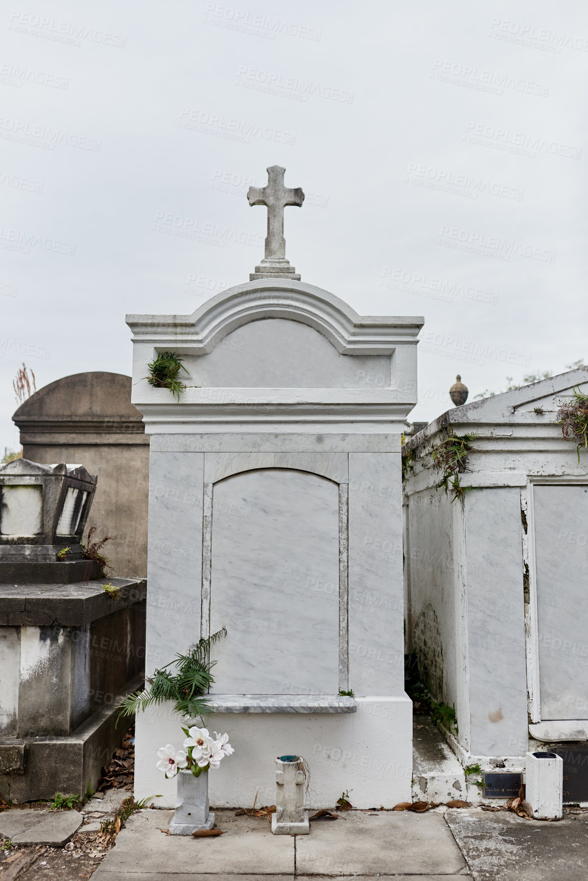 Buy stock photo Shot of tombstones in a graveyard