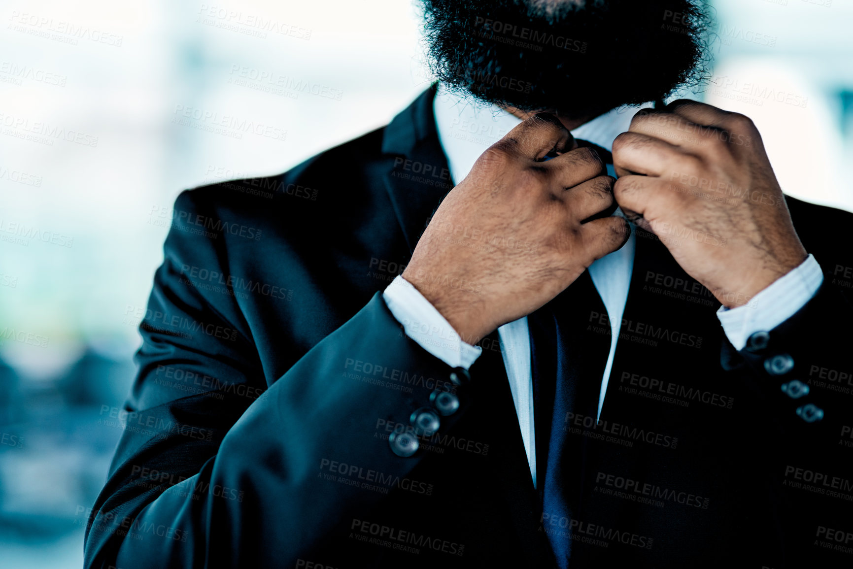 Buy stock photo Hands, business man and fix tie in office to prepare for work, fashion or style. Worker, employee or adjust necktie on suit to get ready for professional career or job opportunity with formal clothes