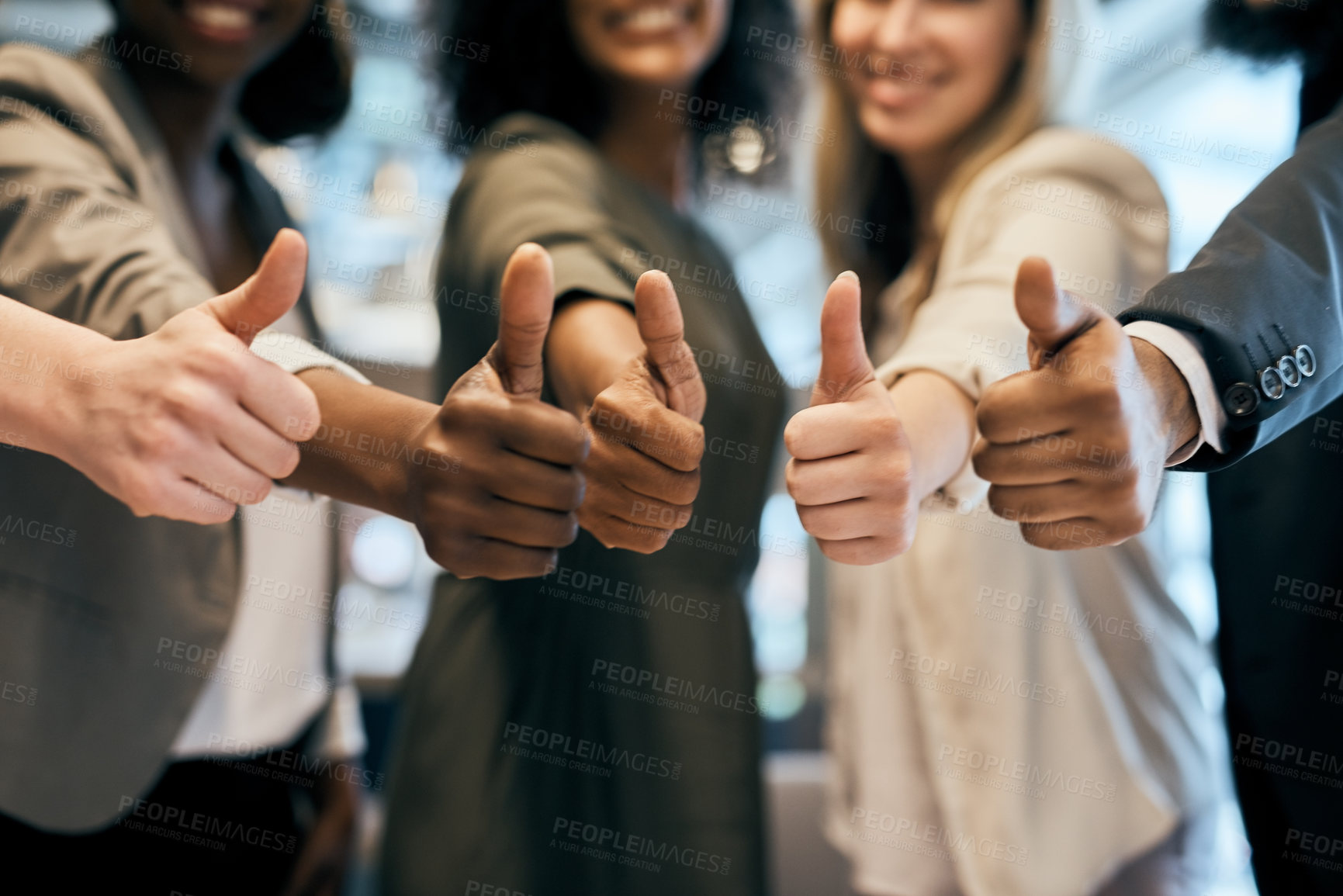 Buy stock photo Business people, hands and team with thumbs up for good job, winning or success together at office. Closeup, group or employees with like emoji, yes sign or OK for well done, vote or positive review