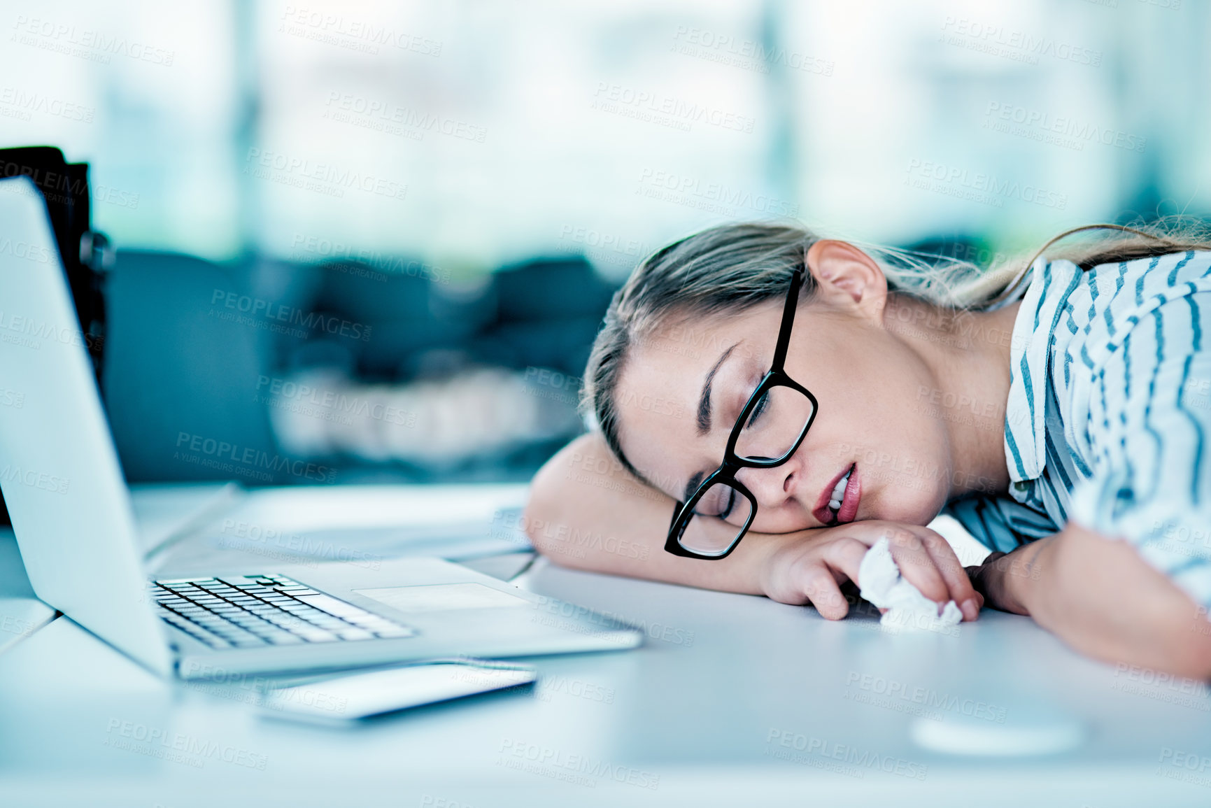 Buy stock photo Sleep, tired and woman in office with laptop, glasses and sick consultant with flu, cold or fatigue. Overtime, exhausted and overworked businesswoman at desk with burnout, crash and time management