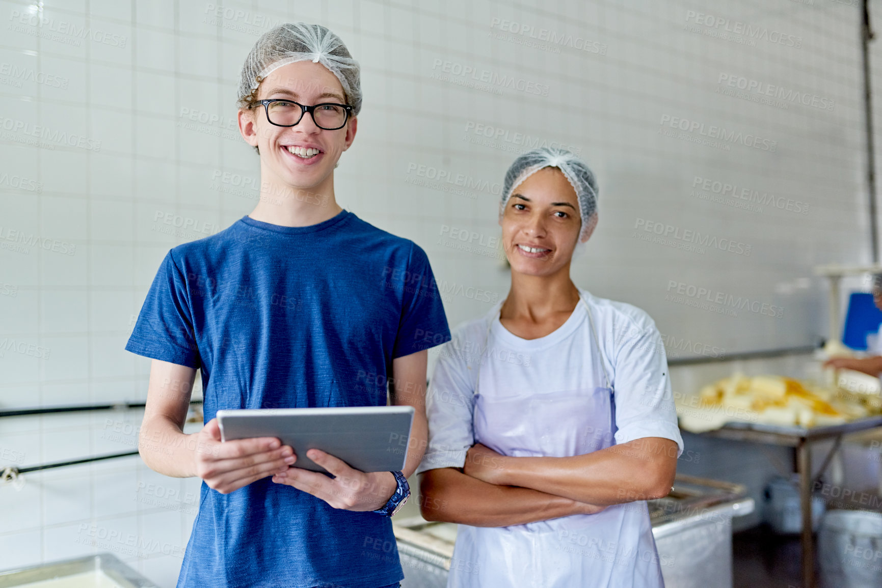 Buy stock photo Cheese, factory and portrait of people with tablet for milk process, manufacturing and teamwork. Small business, man and woman with digital app for dairy kitchen, food production and craft management