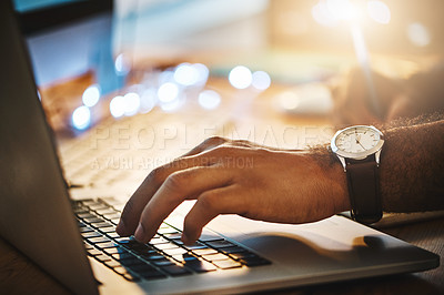 Buy stock photo Hand, office and businessman typing on laptop while doing research for corporate project at night. Planning, professional and closeup of male employee working overtime with computer in the workplace.