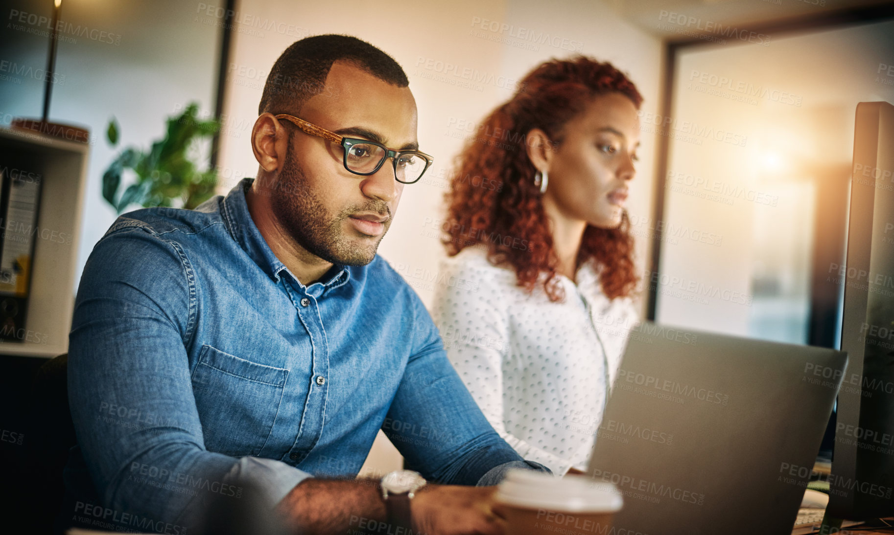 Buy stock photo Business people, night and collaboration with laptop, research for article, teamwork and internet in modern office. Employees, consultant or journalist with pc, editing and copywriting with deadline