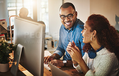 Buy stock photo Computer, night and business people with help, planning and conversation for online review. Mentor, man and woman with pc, graphic designer or advice with network,  or brainstorming for project