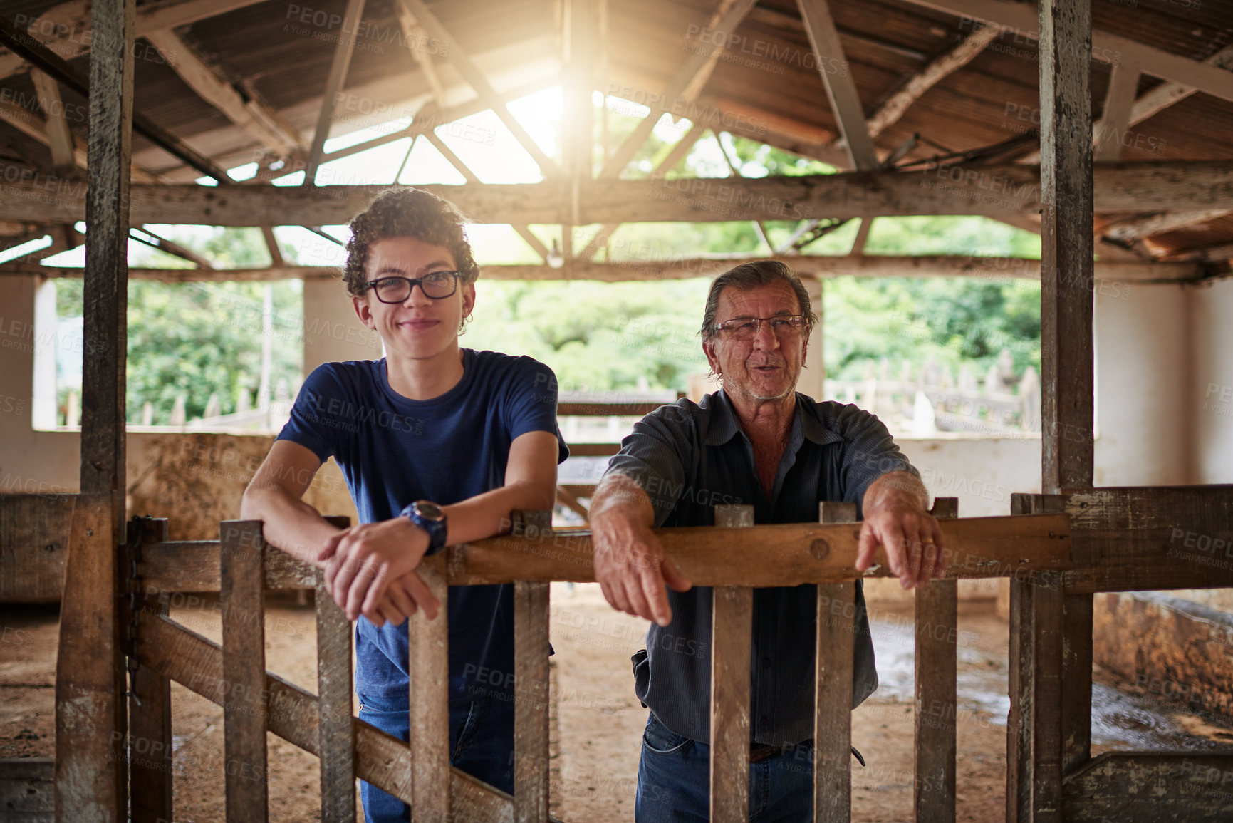 Buy stock photo Father, son and together in barn for farming with livestock, sustainability or family business for future. Male people, shed and agriculture with eco friendly practice for planet, happy in Australia