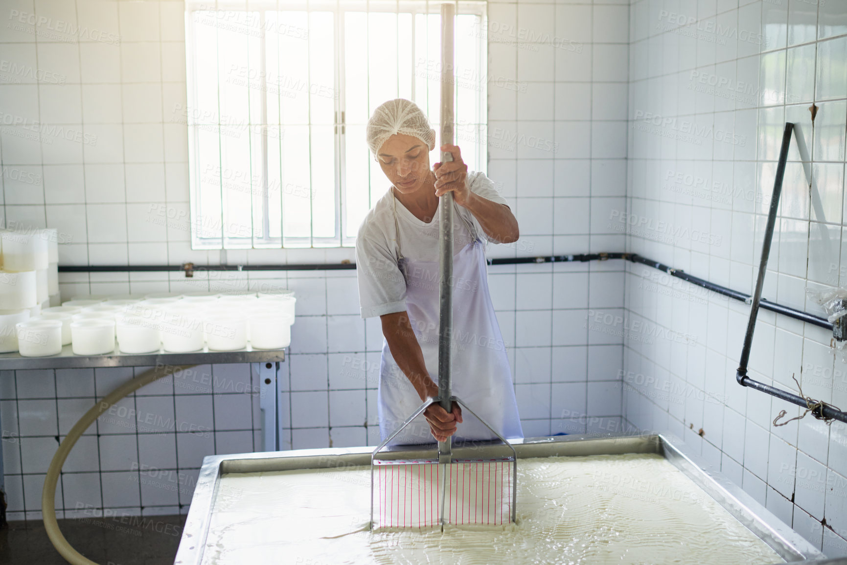 Buy stock photo Cropped shot of a young female farm worker making cheese in a factory on the farm