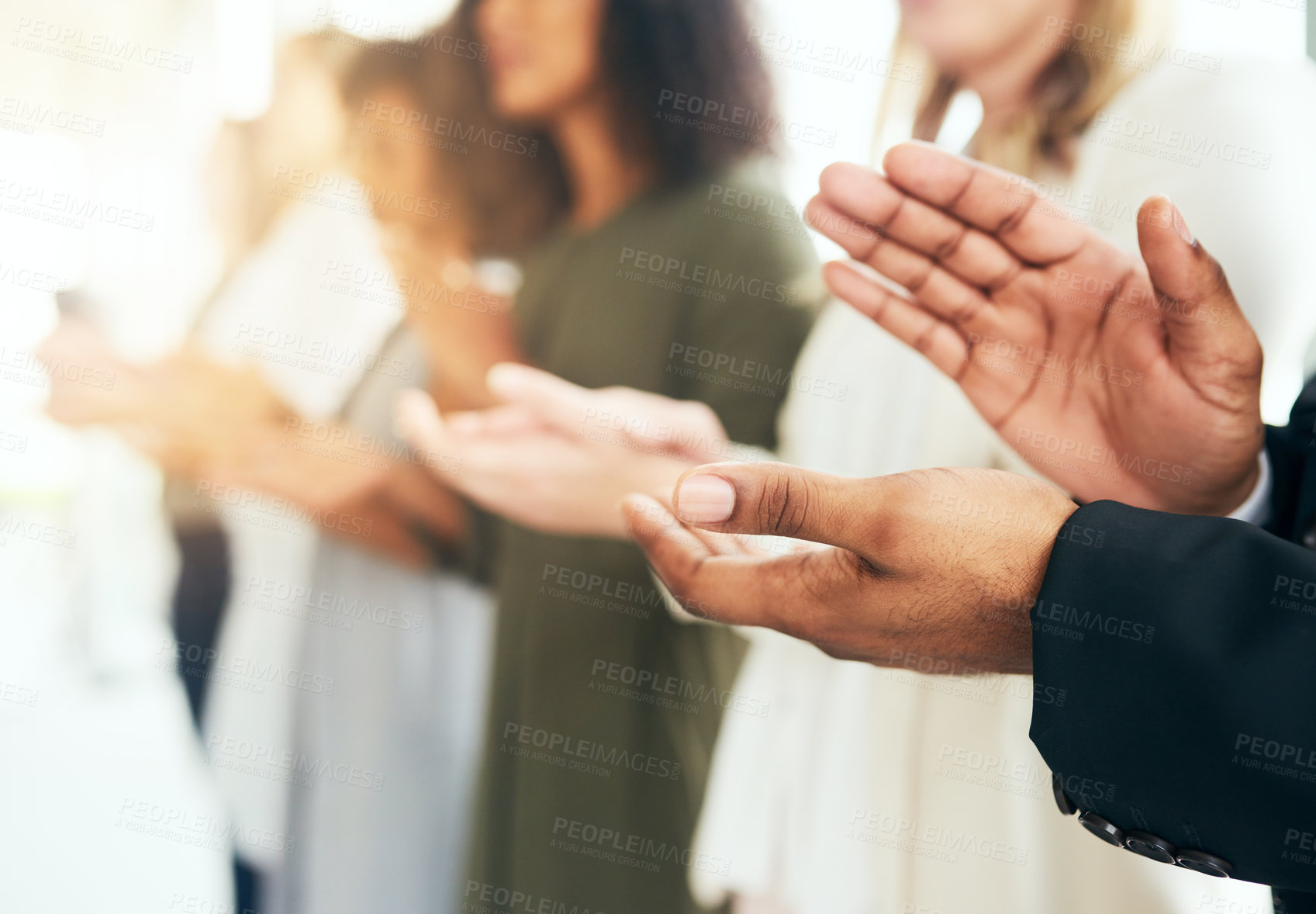 Buy stock photo Hands, business and people with applause in row at office in seminar with congratulations as crowd. Employees, conference and closeup of clapping for success, winning and well done as audience