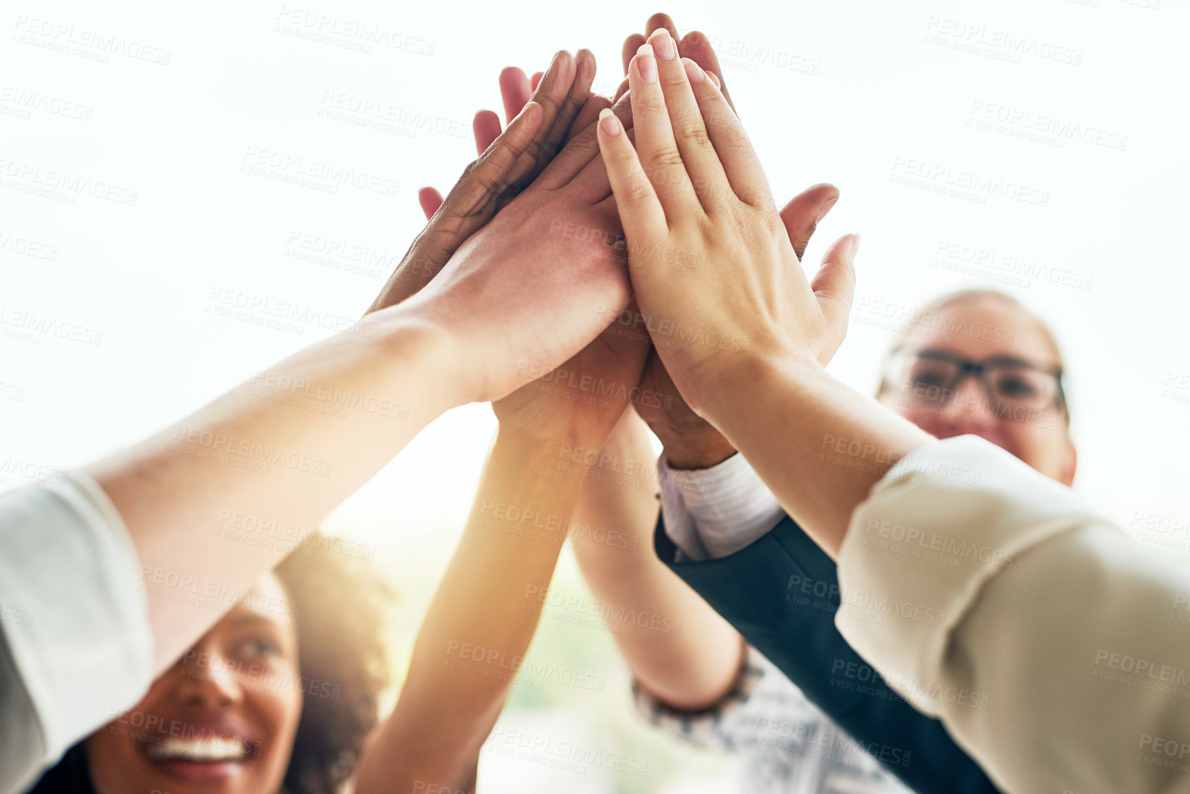 Buy stock photo Business, people and happy with high five at office for collaboration, teamwork and unity on project. Employees, solidarity and smile with synergy or huddle for coworking with celebration and support