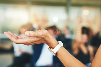 Buy stock photo Cropped shot of an unrecognizable businesswoman addressing her colleagues during a seminar