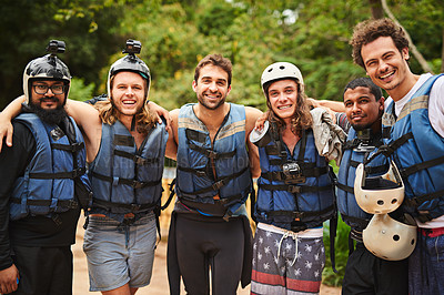 Buy stock photo Cropped portrait of a group of young friends out white water rafting