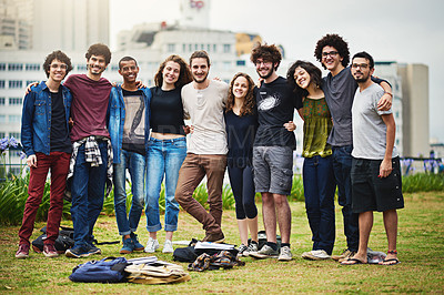 Buy stock photo Portrait of a group of college students outside