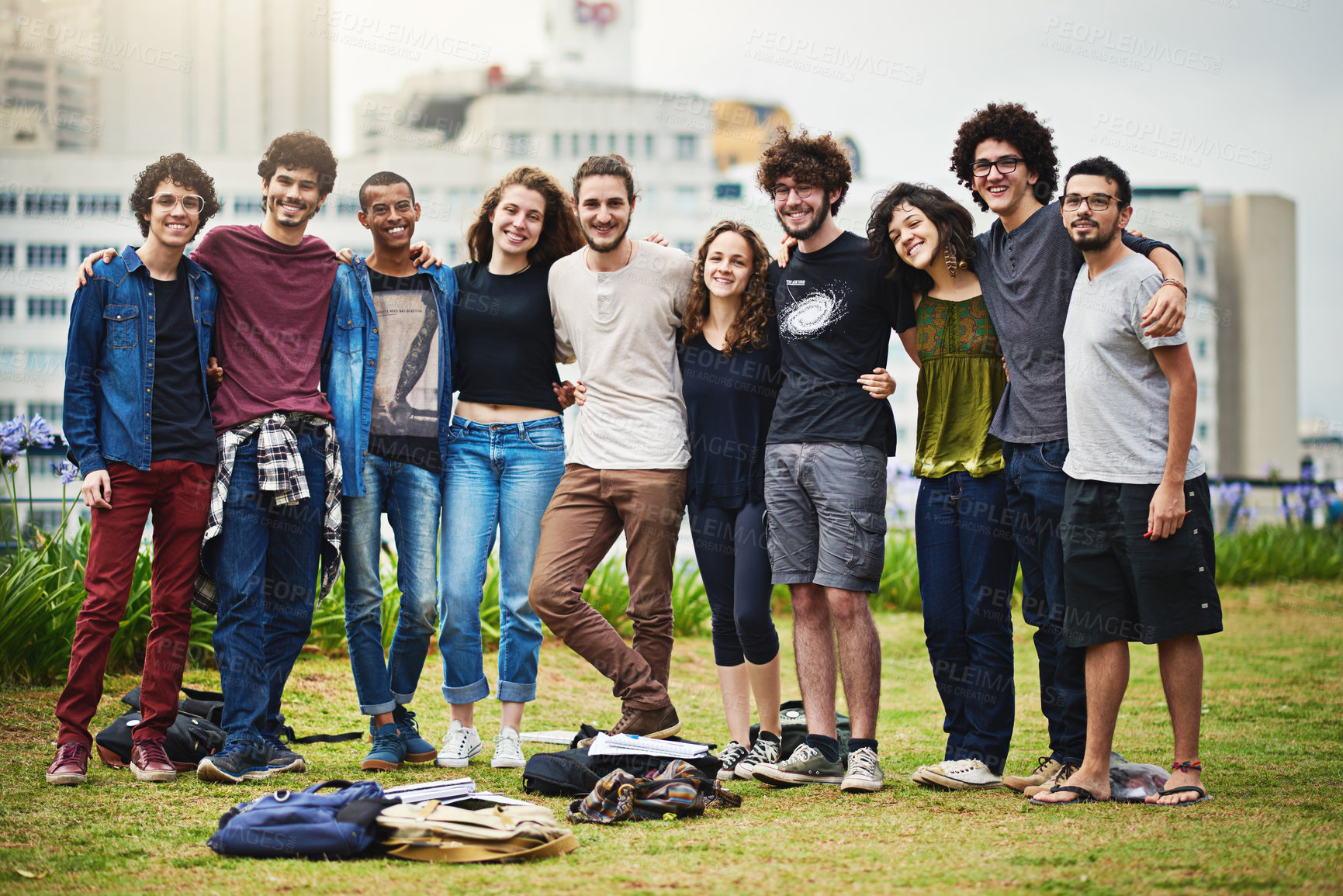 Buy stock photo Portrait of a group of college students outside