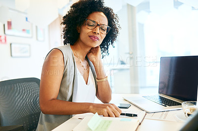 Buy stock photo Cropped shot of a businesswoman suffering from neck pain