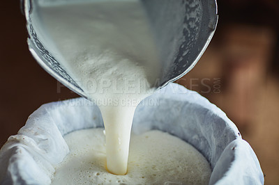 Buy stock photo Bucket, milk and farming with fresh produce for calcium, sustainability or natural production from cow. Closeup of container with drinking liquid, pour or mineral for smooth, full cream or vitamin