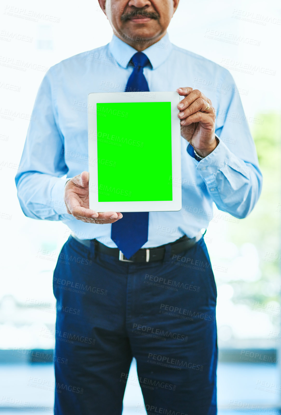 Buy stock photo Tablet, green screen and hands of man in office with website information, connection or business presentation space. Mockup, ux design and businessman with digital app for online service announcement
