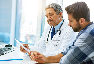 Buy stock photo Senior doctor, man patient and lab results with medical consultation and research in clinic. Hospital, consulting and health insurance checklist of a healthcare and wellness professional with info 