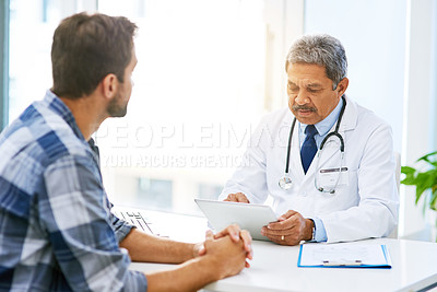 Buy stock photo Senior doctor tablet, man patient and results with medical consultation and discussion in clinic. Hospital, talk and health insurance checklist of  healthcare and wellness professional talking