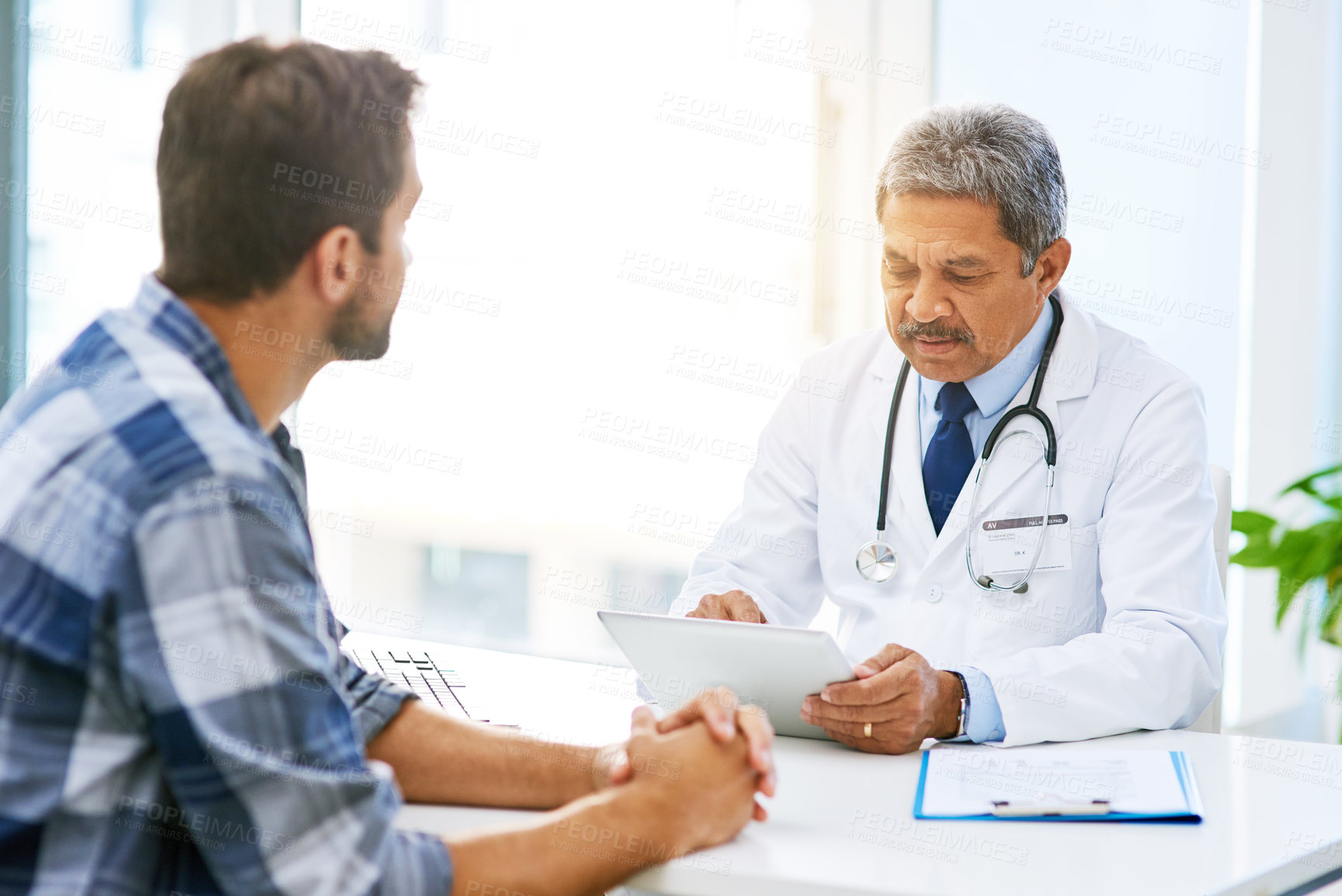Buy stock photo Senior doctor tablet, man patient and results with medical consultation and discussion in clinic. Hospital, talk and health insurance checklist of  healthcare and wellness professional talking