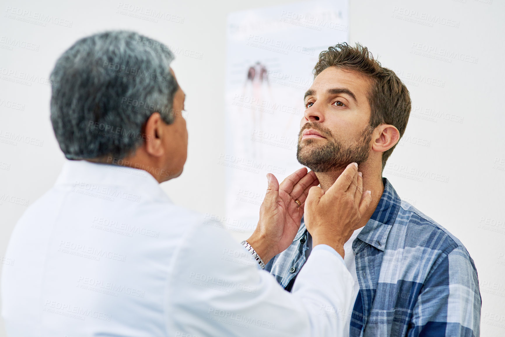 Buy stock photo Doctor, hands and man with patient for assessment, healthcare or diagnosis in clinic. Hospital, glands or communication for medicine and sick person, cardiologist or medical result for thyroid health